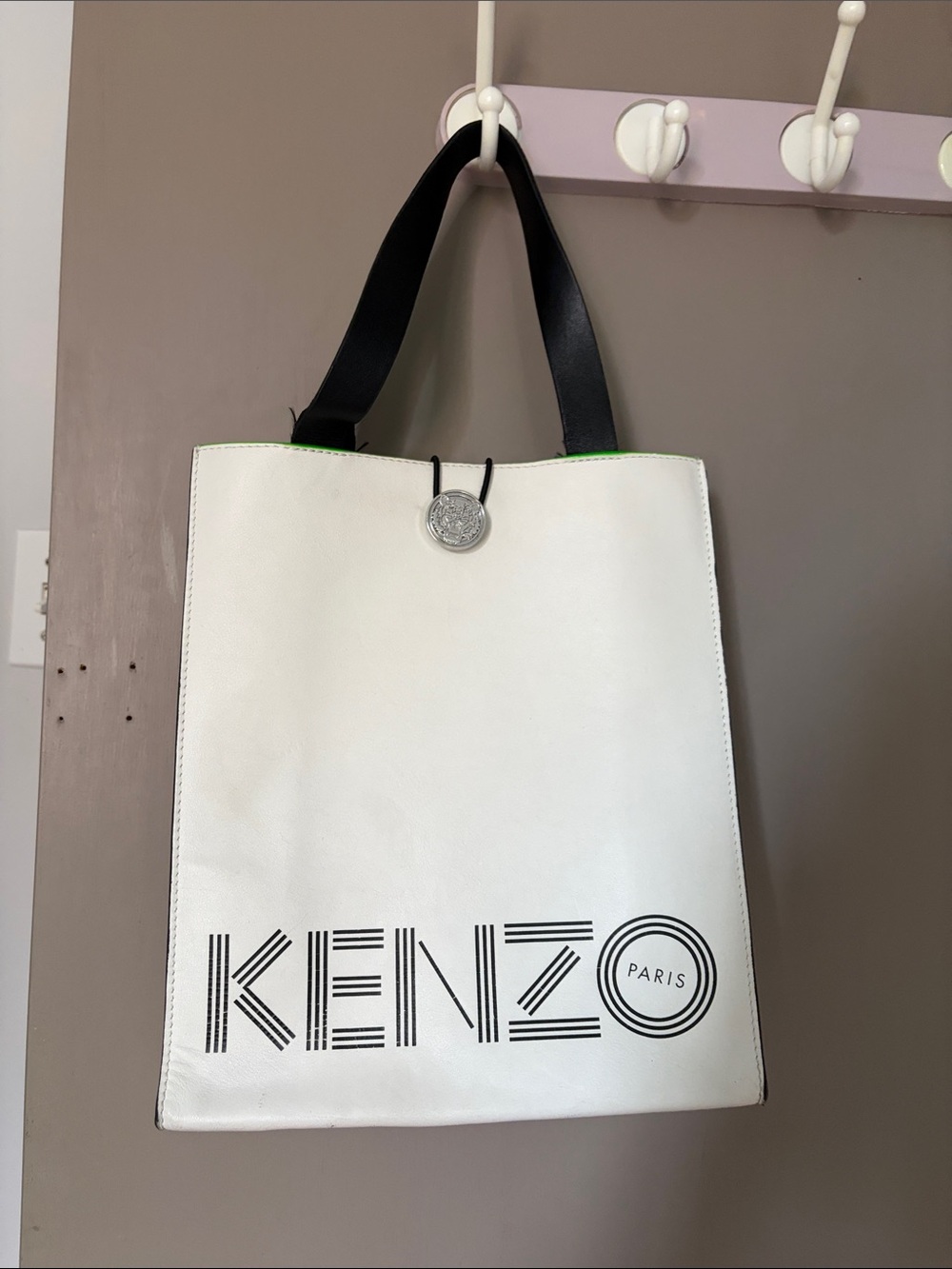 Kenzo White Leather Tote Bag with Black Handles